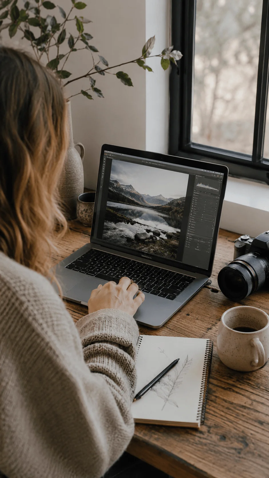 Person editing a landscape photo on a laptop at a rustic desk with a camera coffee and notebook nearby