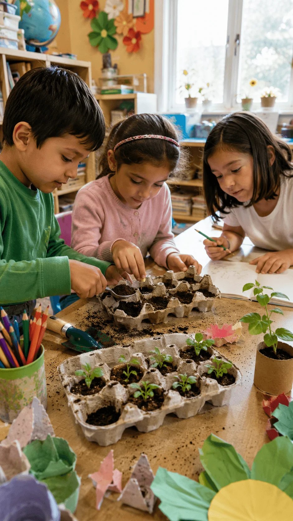 Students planting seedlings in recycled egg cartons during an eco friendly classroom gardening activity
