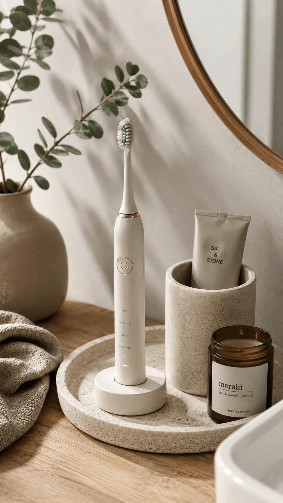 Elegant electric toothbrush designed as bathroom decor with charging stand neutral tones and minimalist accessories on a stone tray