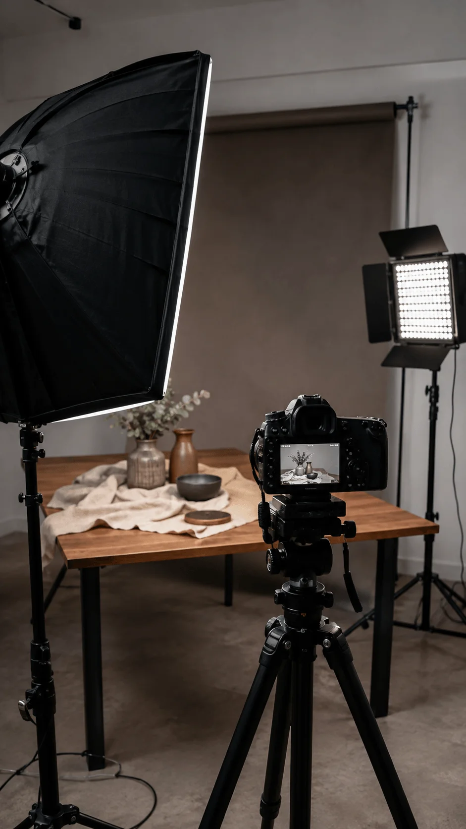 Energy efficient LED photography lighting setup with a camera on a tripod, large softbox, LED panel light, and tabletop studio scene.