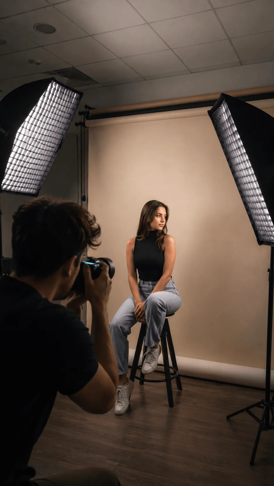 Energy efficient LED photography lighting used for a professional portrait photoshoot in a studio