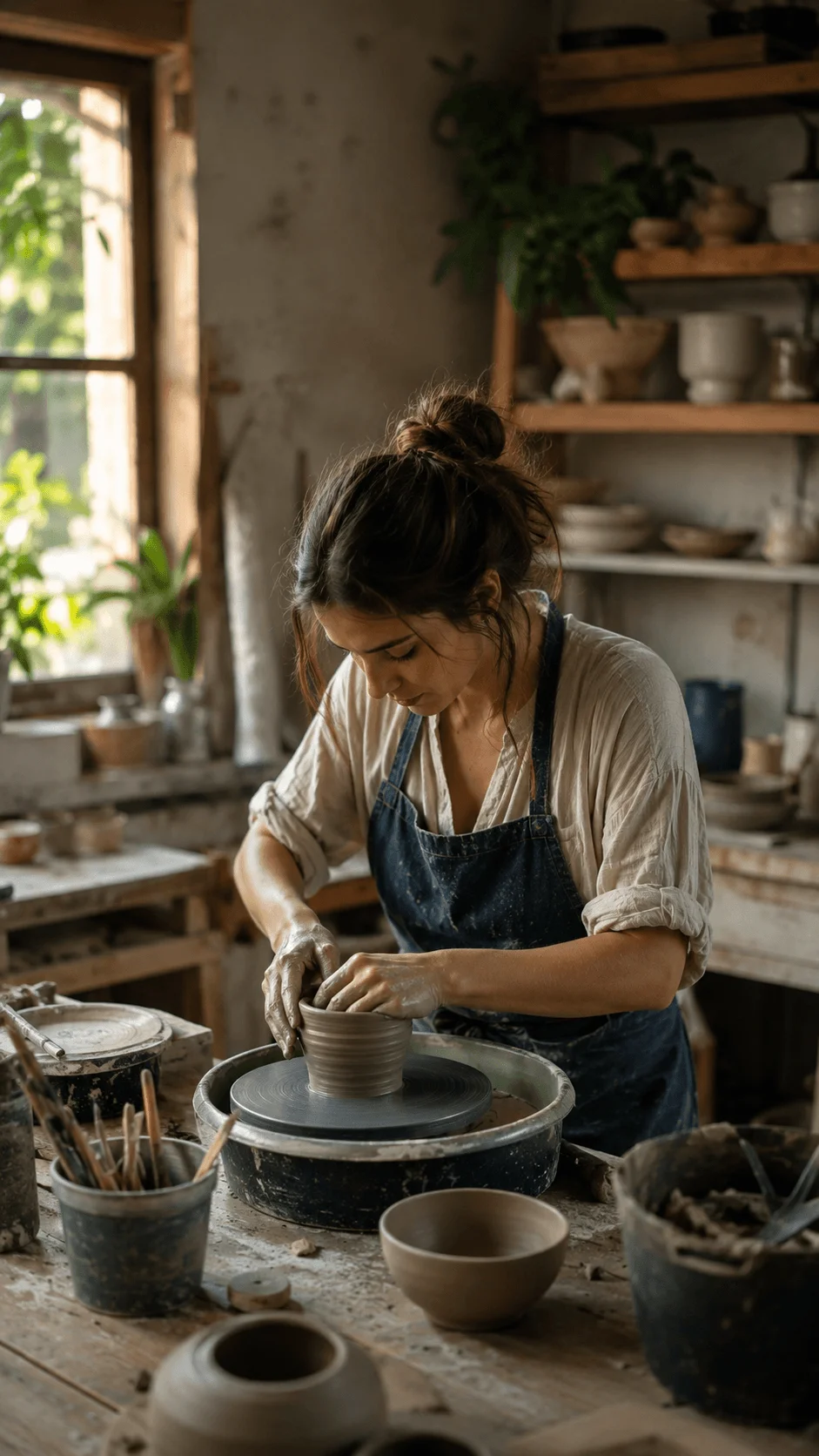 Environmental storytelling photography showing a ceramic artist shaping clay on a pottery wheel in a rustic studio filled with handmade ceramics, tools, wooden shelves, and natural light.