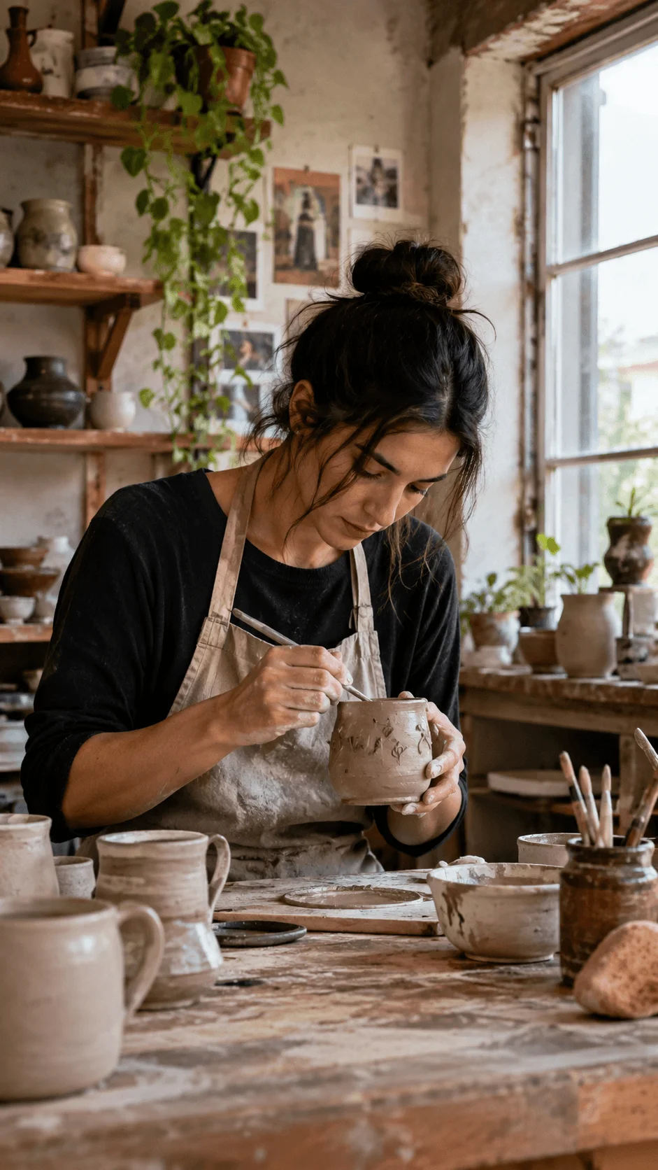 Environmental storytelling photography featuring a ceramic artist creating handmade pottery in a rustic studio filled with plants, pottery tools and natural light