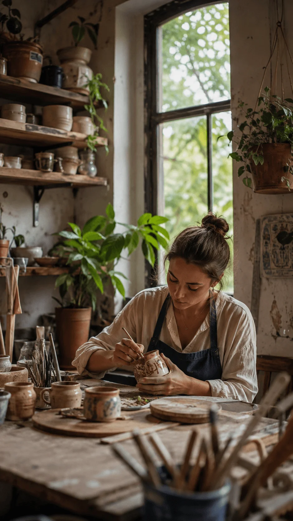 Woman painting handmade pottery in a rustic ceramic studio surrounded by plants, pottery shelves, natural light, and traditional art tools