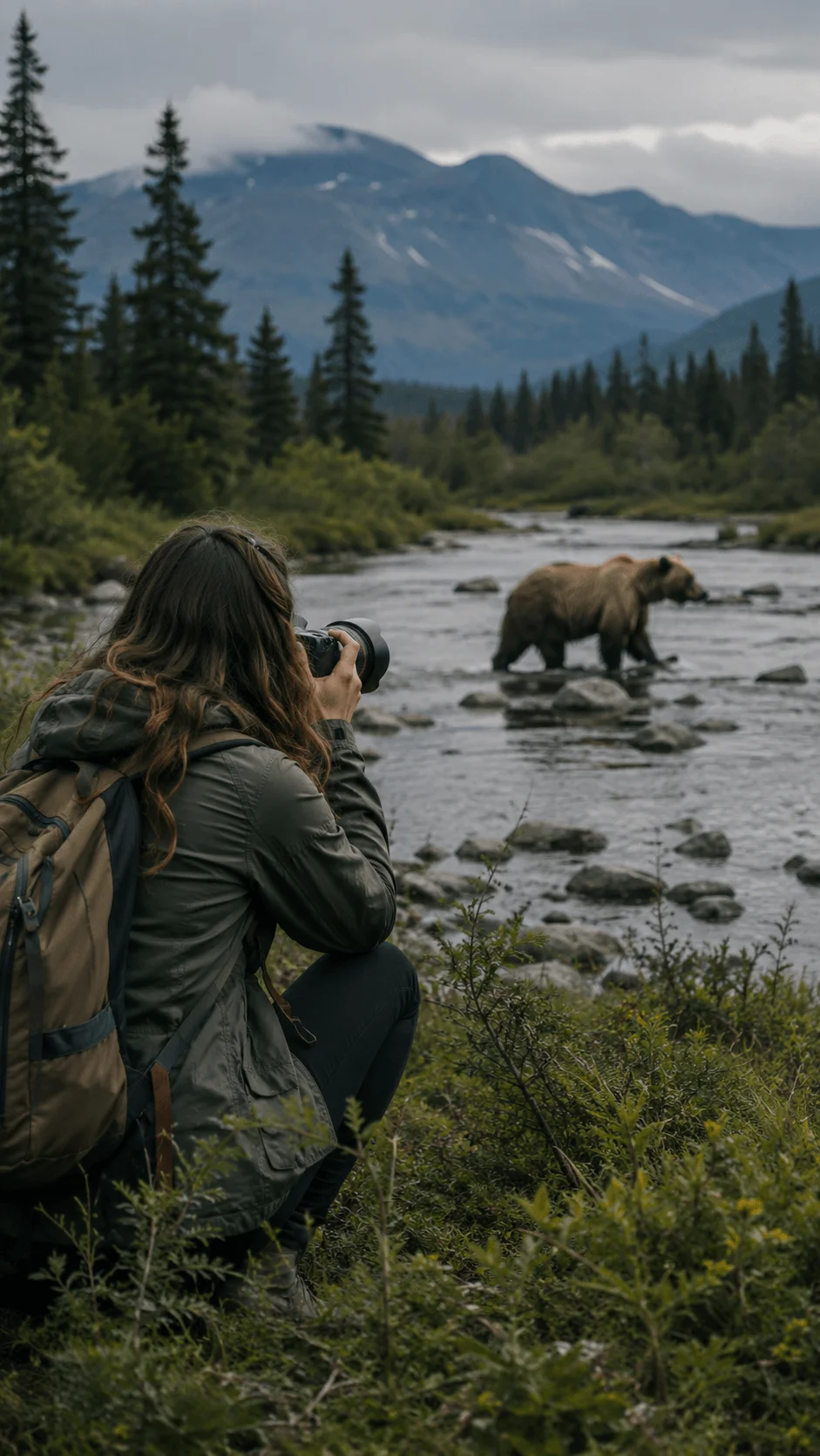 Photographer capturing a bear in a mountain river surrounded by forest and mountains