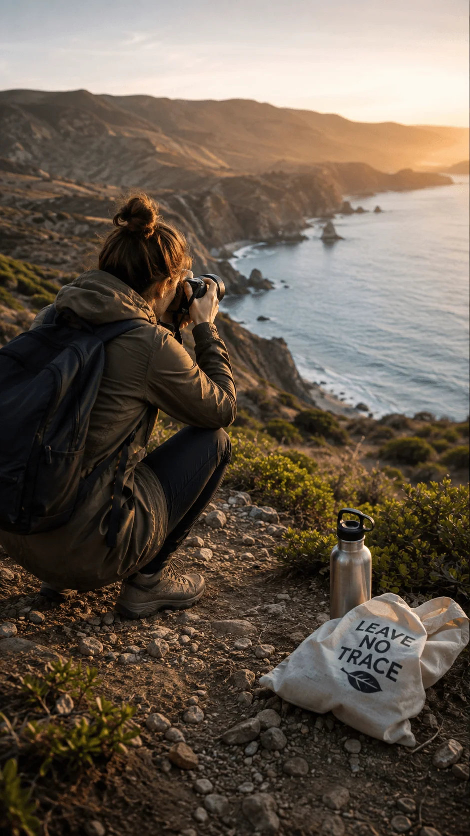 Ethical photographer practicing responsible location choices while photographing a coastal landscape with reusable gear and leave no trace principles