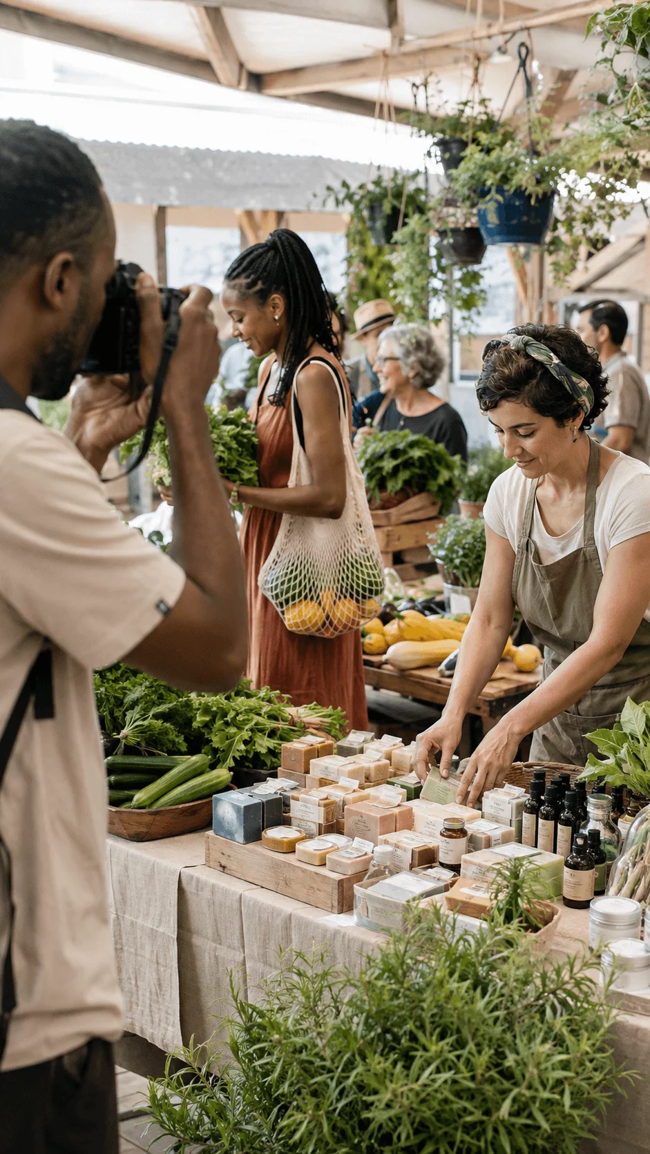 Photographer capturing authentic market scenes with local vendors, fresh produce, handmade products and sustainable community lifestyle photography