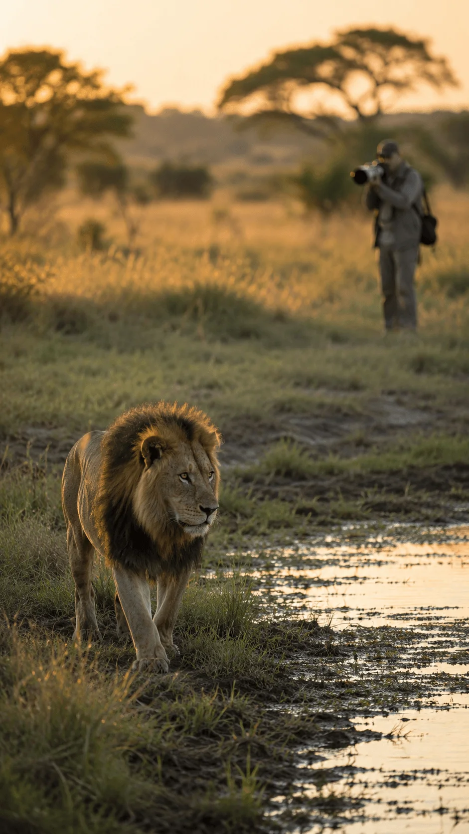 Ethical wildlife photography quotes showing a wild lion near a water source with a distant photographer observing respectfully in a natural savanna environment