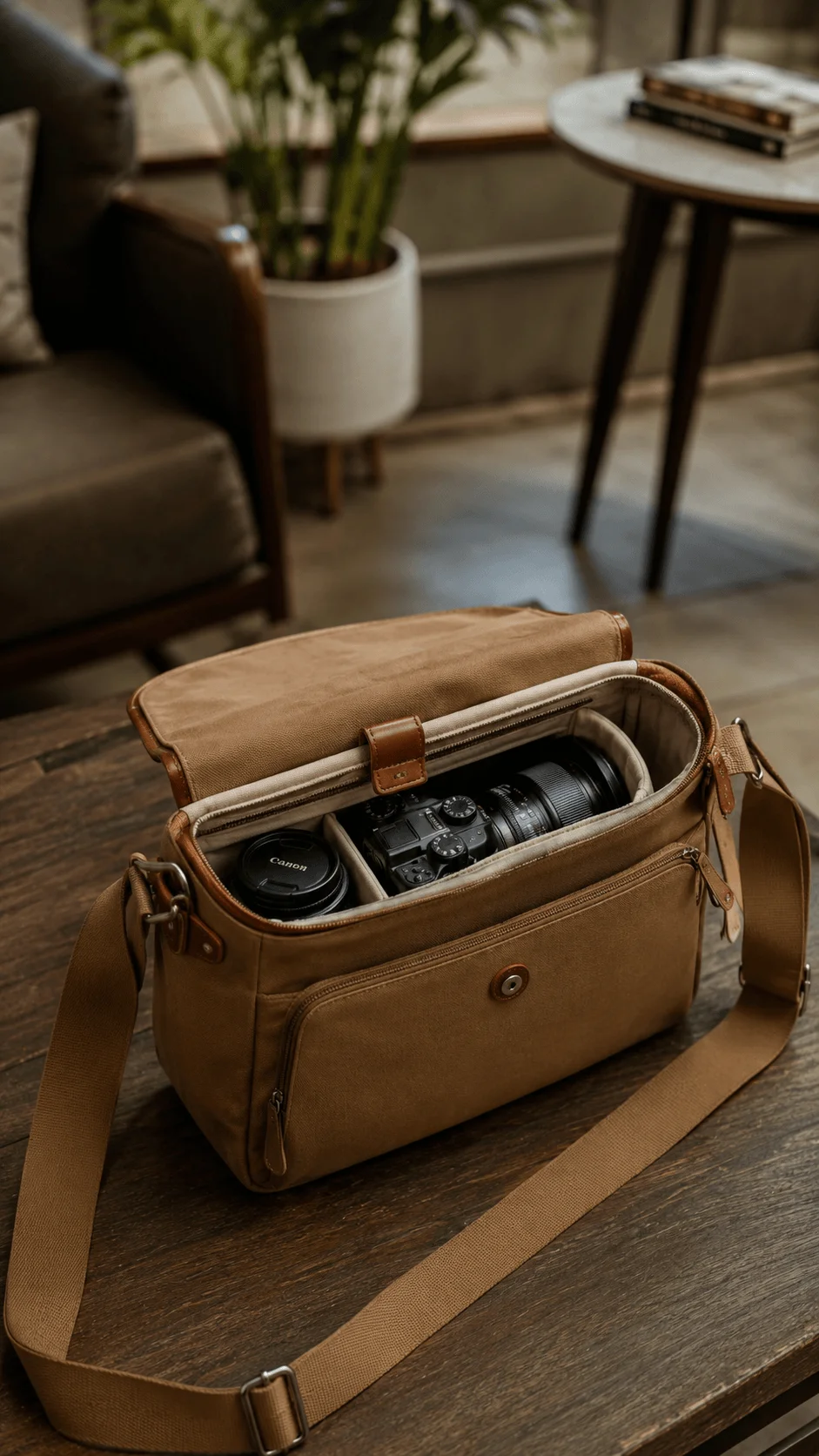 Everyday aesthetic brown camera bag with a camera and lens on a wooden table in a cozy interior setting