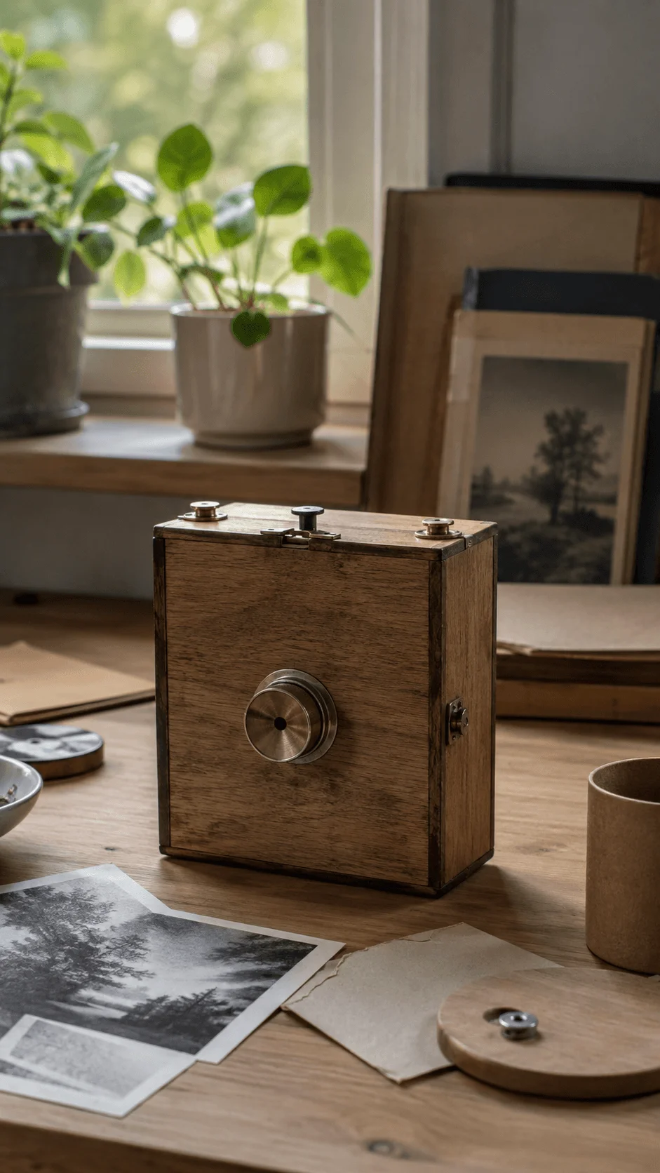DIY wooden pinhole camera on a table with black and white photographs, paper materials, potted plants, and a warm creative workspace