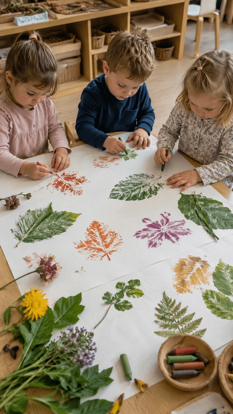 Children creating nature prints and artwork using leaves, flowers and natural materials in a classroom