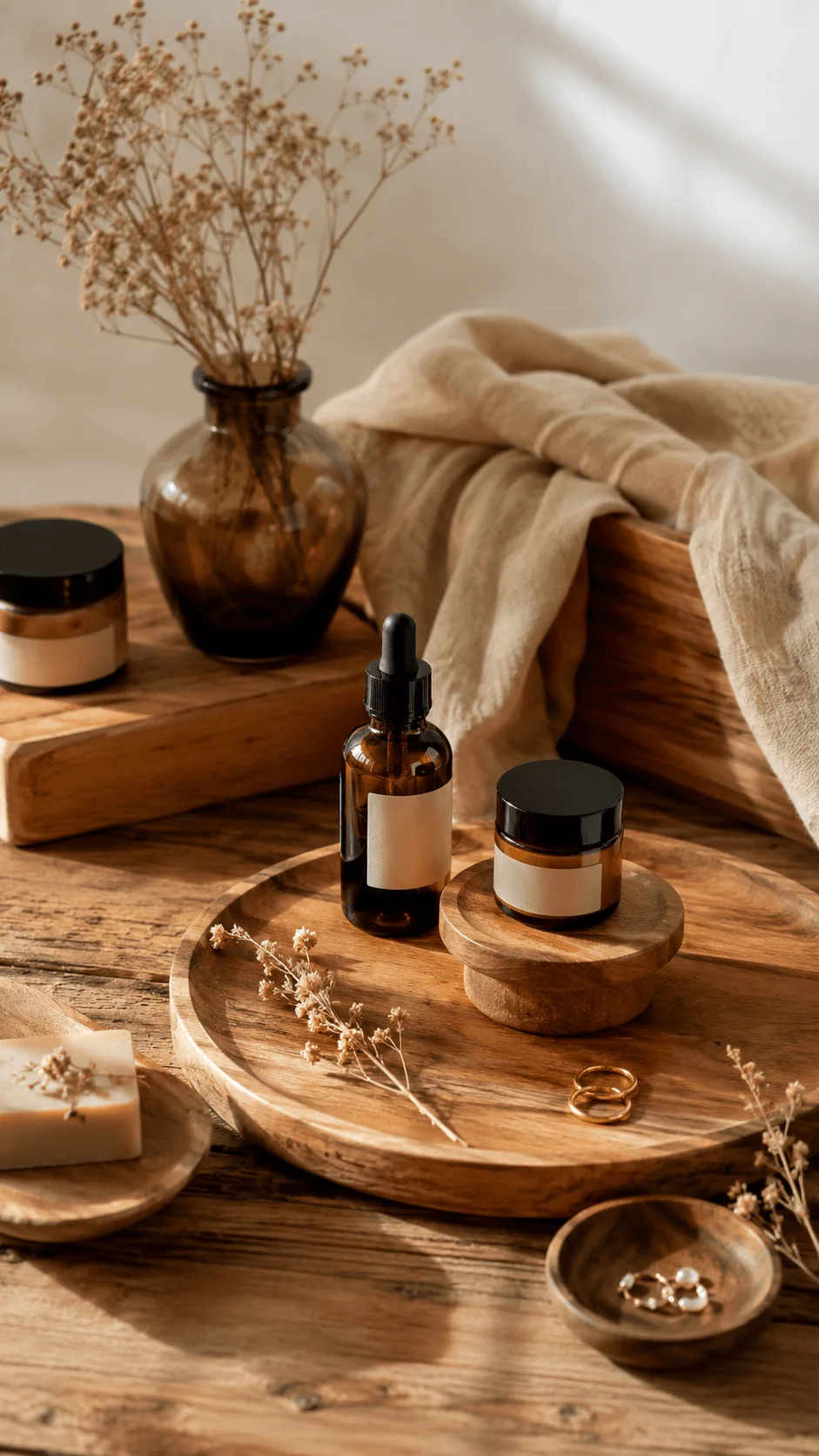 FSC certified wooden props with skincare bottles ceramic containers dried flowers and natural wood surfaces arranged for sustainable aesthetic product photography