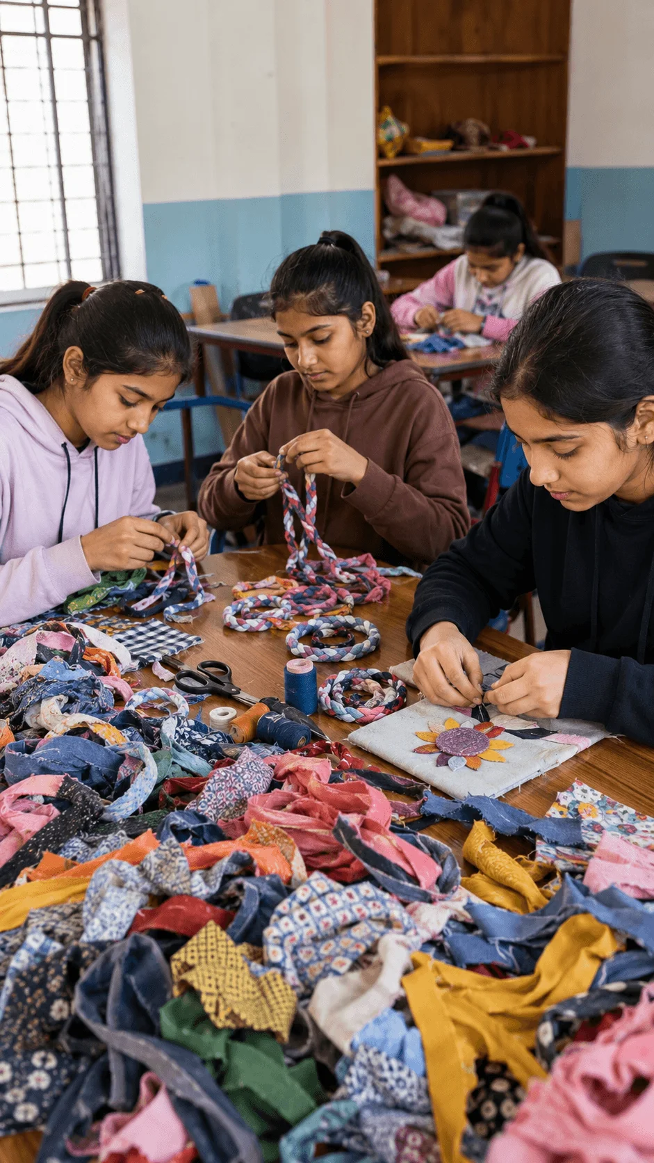 Students creating colorful fabric scrap crafts by braiding bracelets and sewing decorative textile art in a classroom
