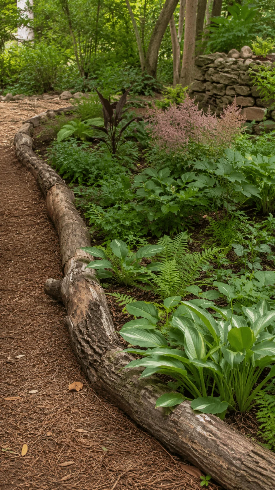 Fallen log garden border with lush hostas ferns flowering plants and a natural woodland mulch pathway