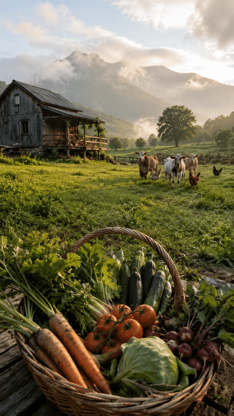 Farm stay photography featuring fresh organic vegetables rustic wooden cabin grazing cows and chickens in a peaceful mountain landscape