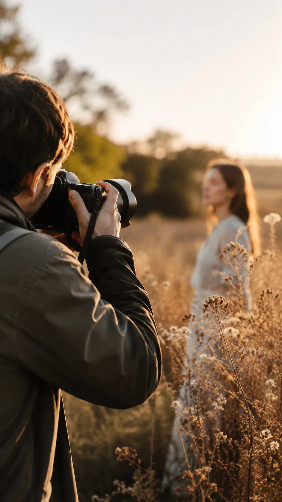 Photographer taking a portrait of a woman in a sunlit field using a fast aperture lens during golden hour