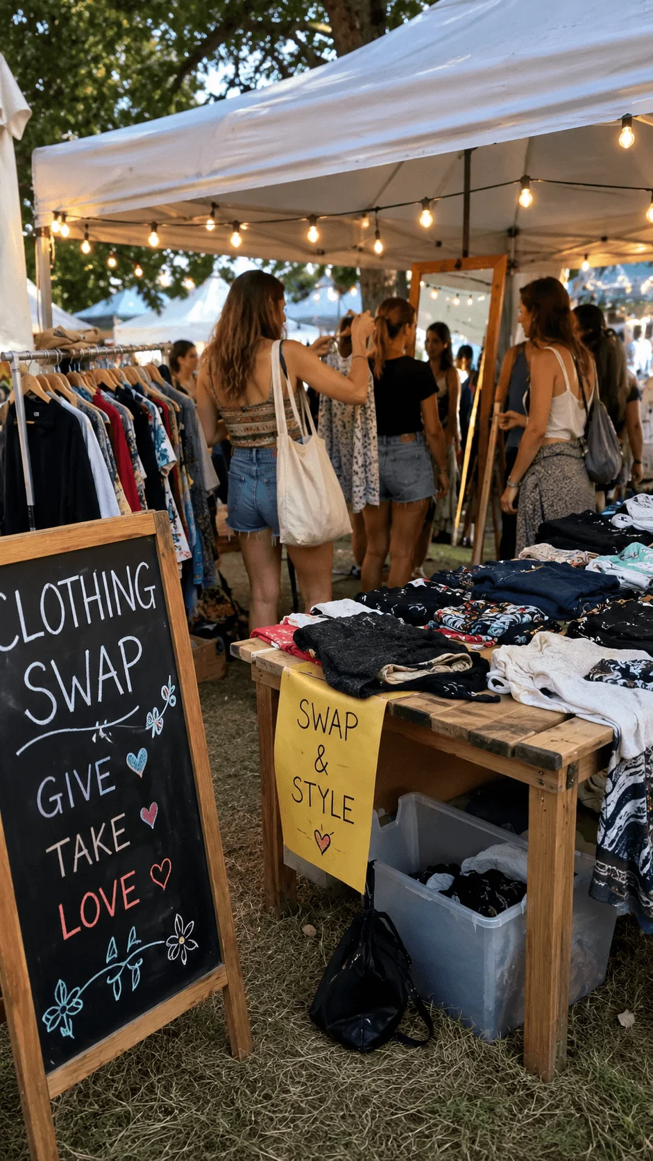 Festival clothing swap station with secondhand clothes and attendees exchanging reusable fashion items at an outdoor event