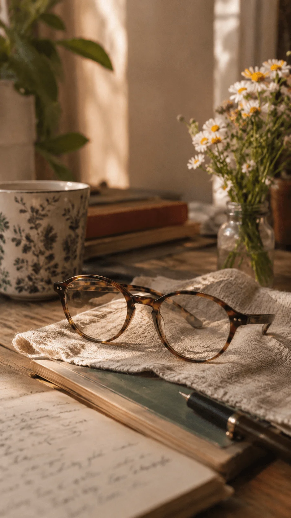 Film inspired eco friendly eyewear on a linen cloth with vintage books, a floral cup, daisies, and warm natural light