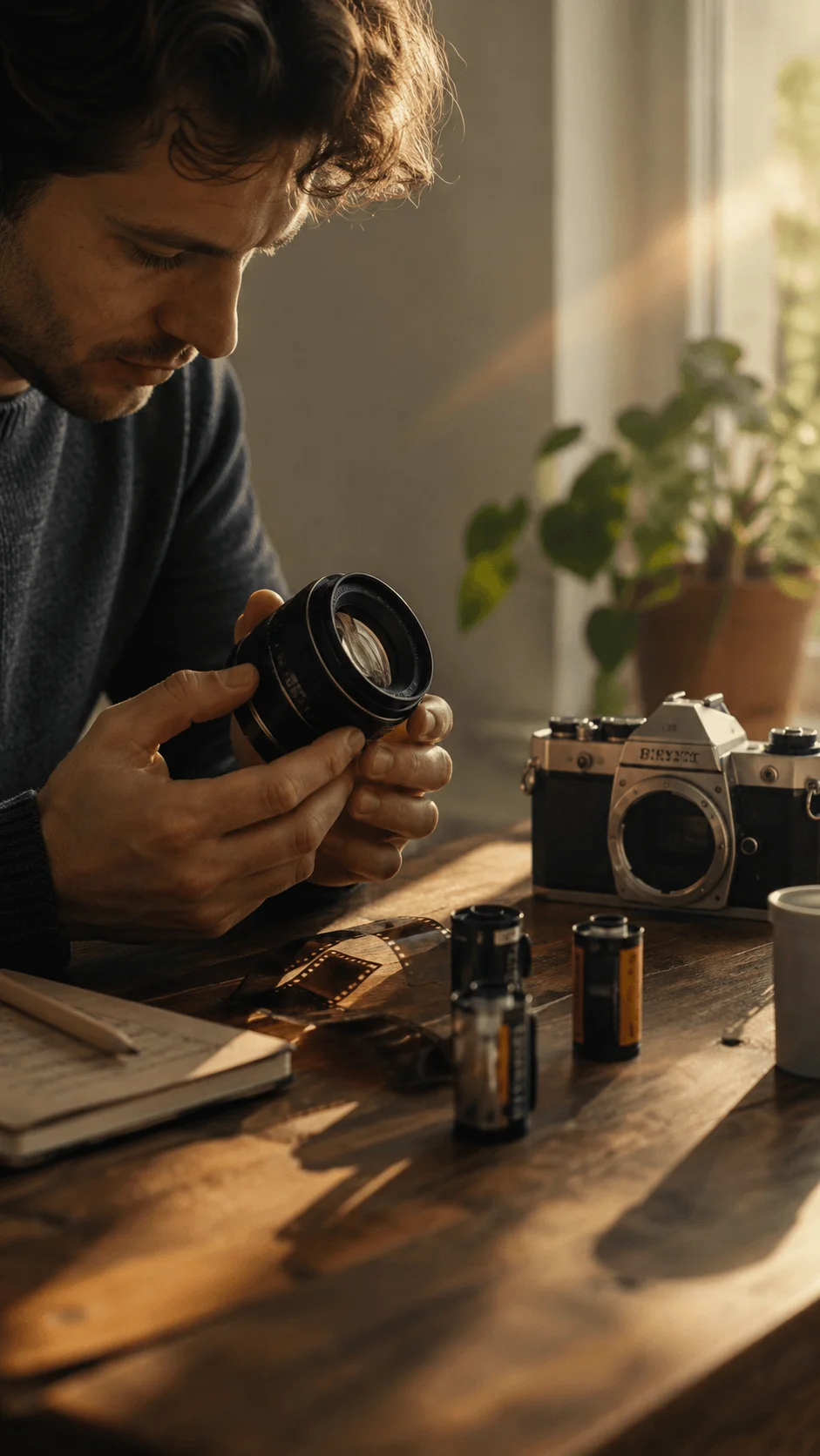 Photographer examining a vintage camera lens beside a classic film camera film rolls notebook and coffee cup in warm natural light