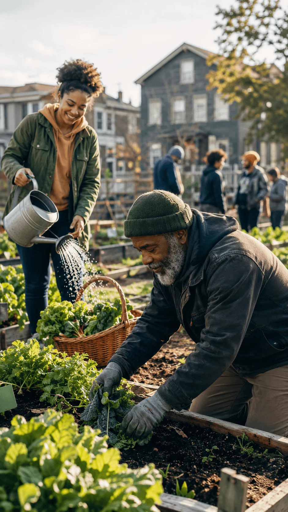 People tending vegetables and watering plants together in a sunny community garden