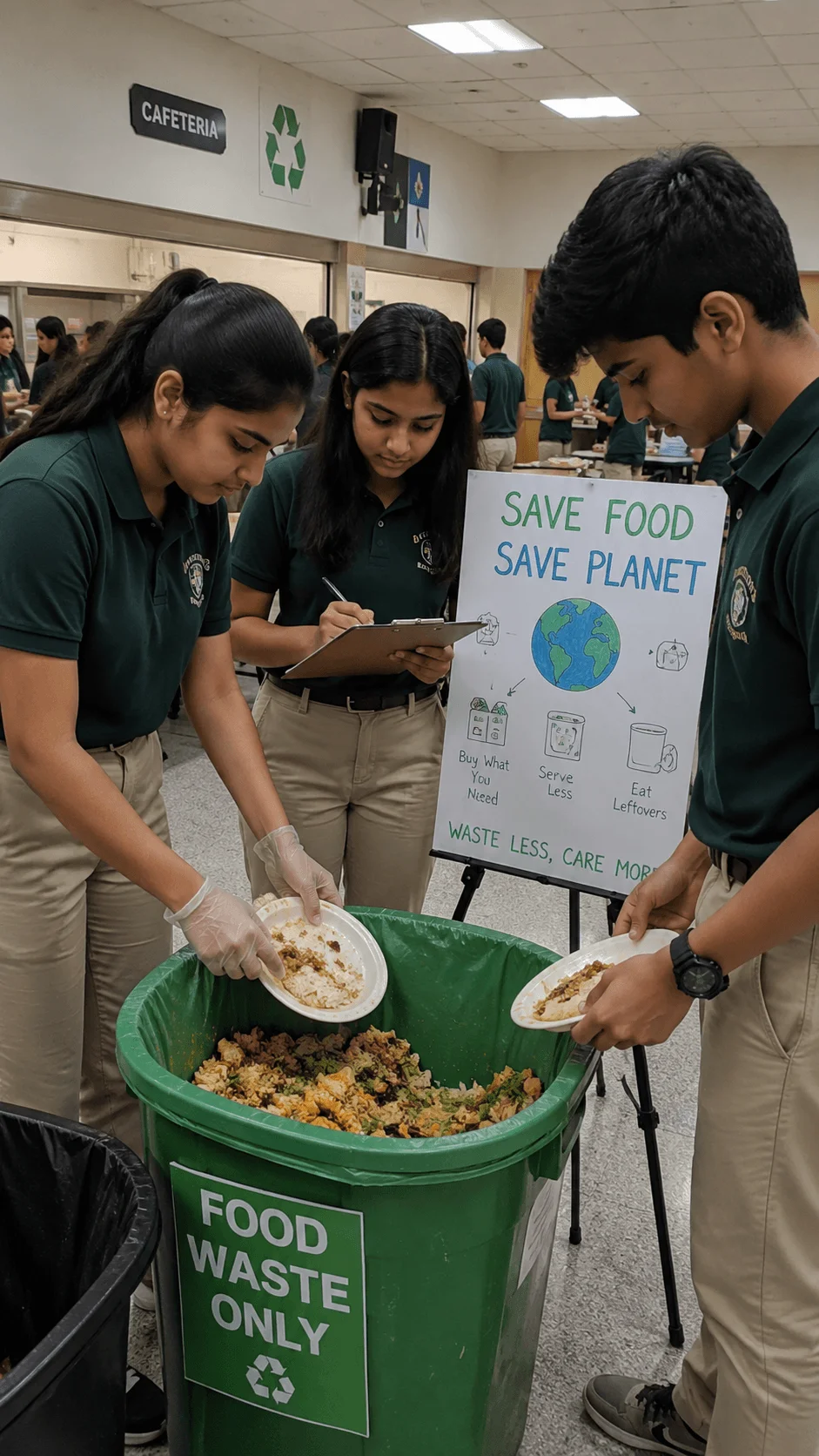Students conducting a school food waste audit by sorting cafeteria leftovers and recording discarded food