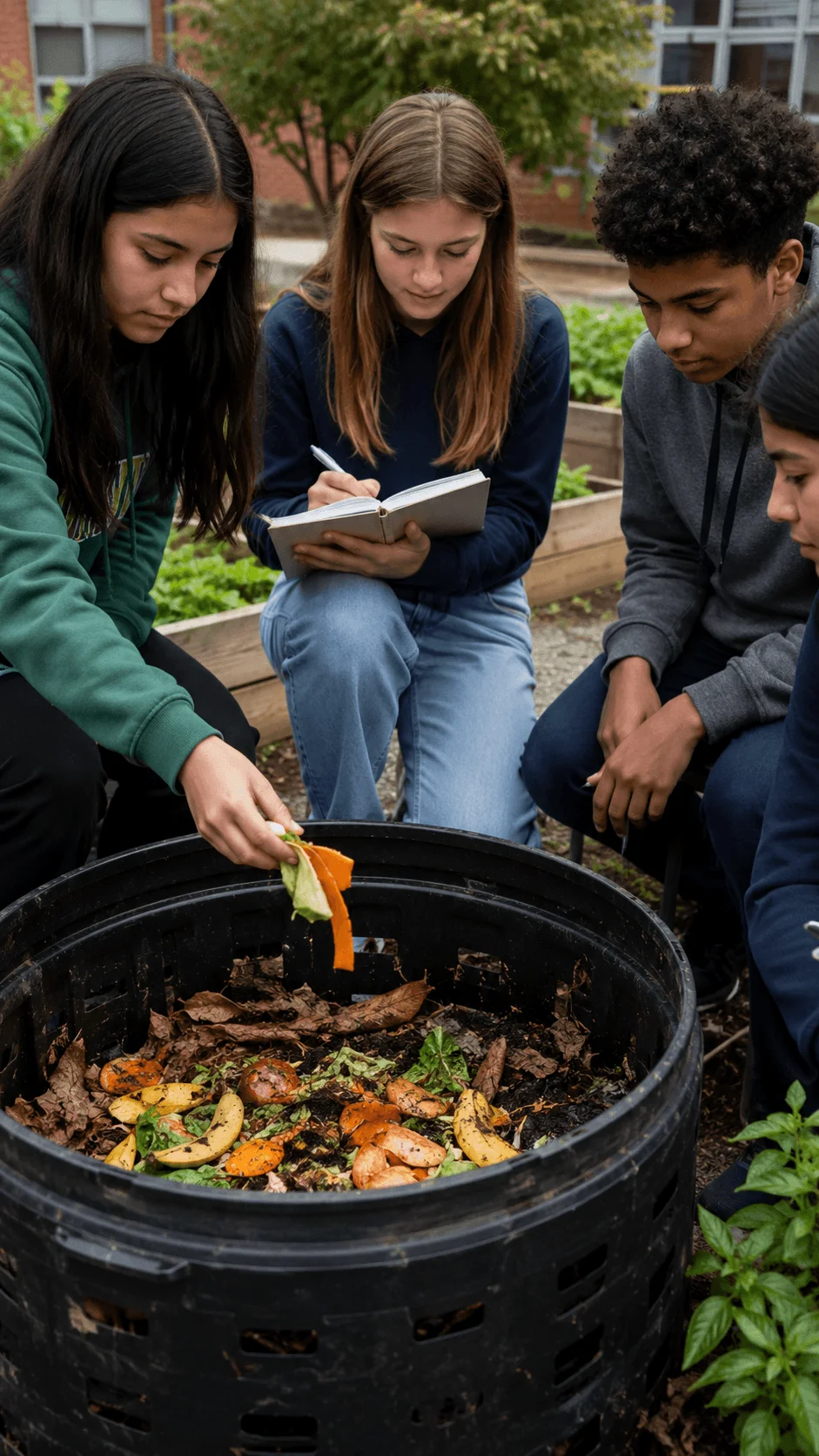 Students conducting a food waste composting experiment by adding fruit and vegetable scraps to a compost bin and recording observations