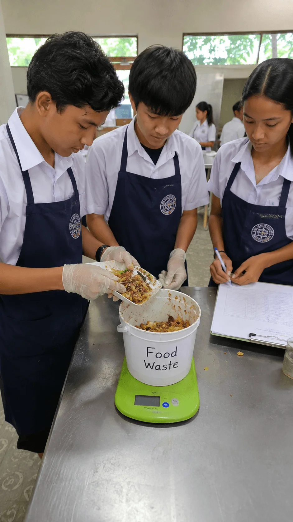 Students measuring and recording food waste during a school food waste challenge