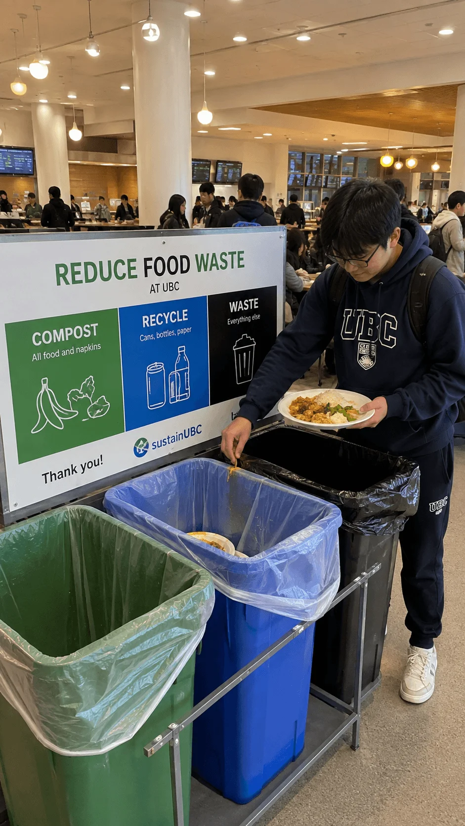 College student sorting leftover food into compost recycling and waste bins during a campus food waste tracking challenge