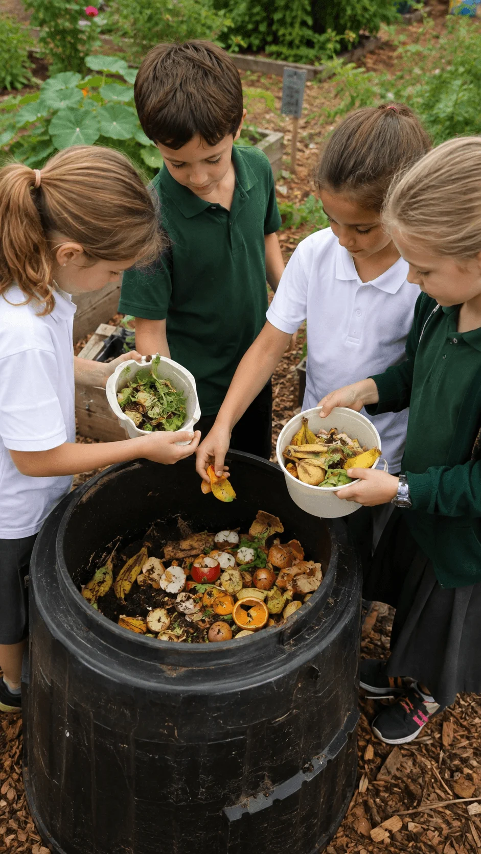 School children adding food scraps to a compost bin in a garden for an eco friendly composting project