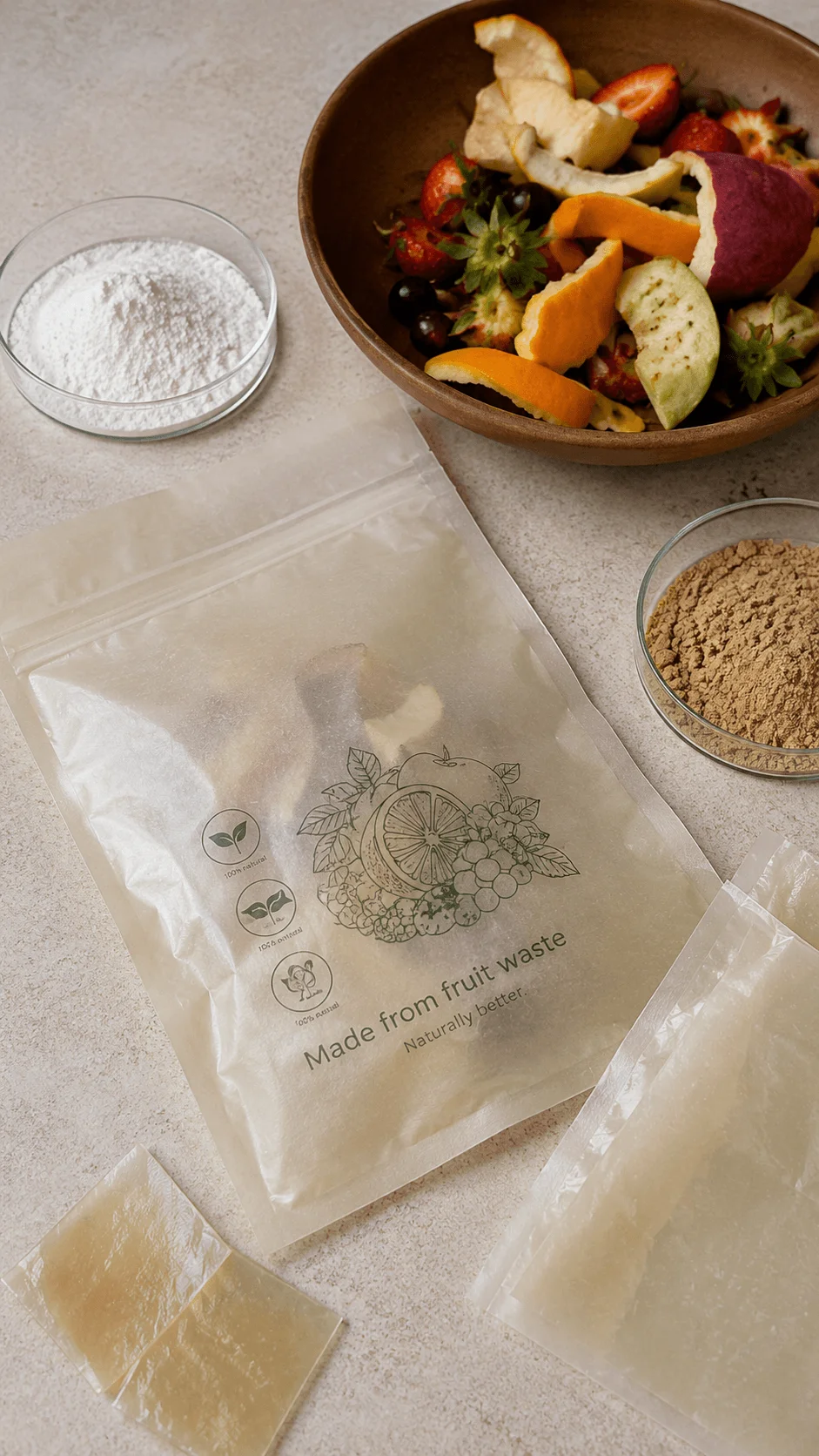 Fruit waste and pectin based biodegradable food packaging made from natural materials with fruit peels and plant based ingredients