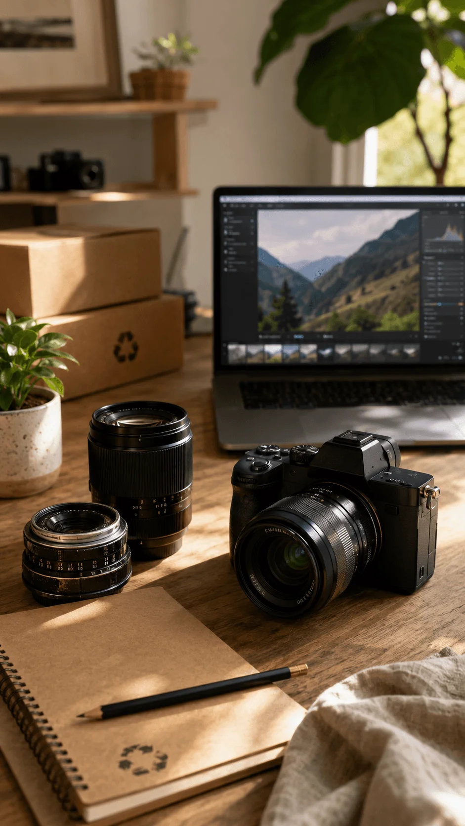 Camera and multiple lenses beside a laptop showing landscape photo editing with recycled notebooks plants and eco friendly packaging on a wooden desk