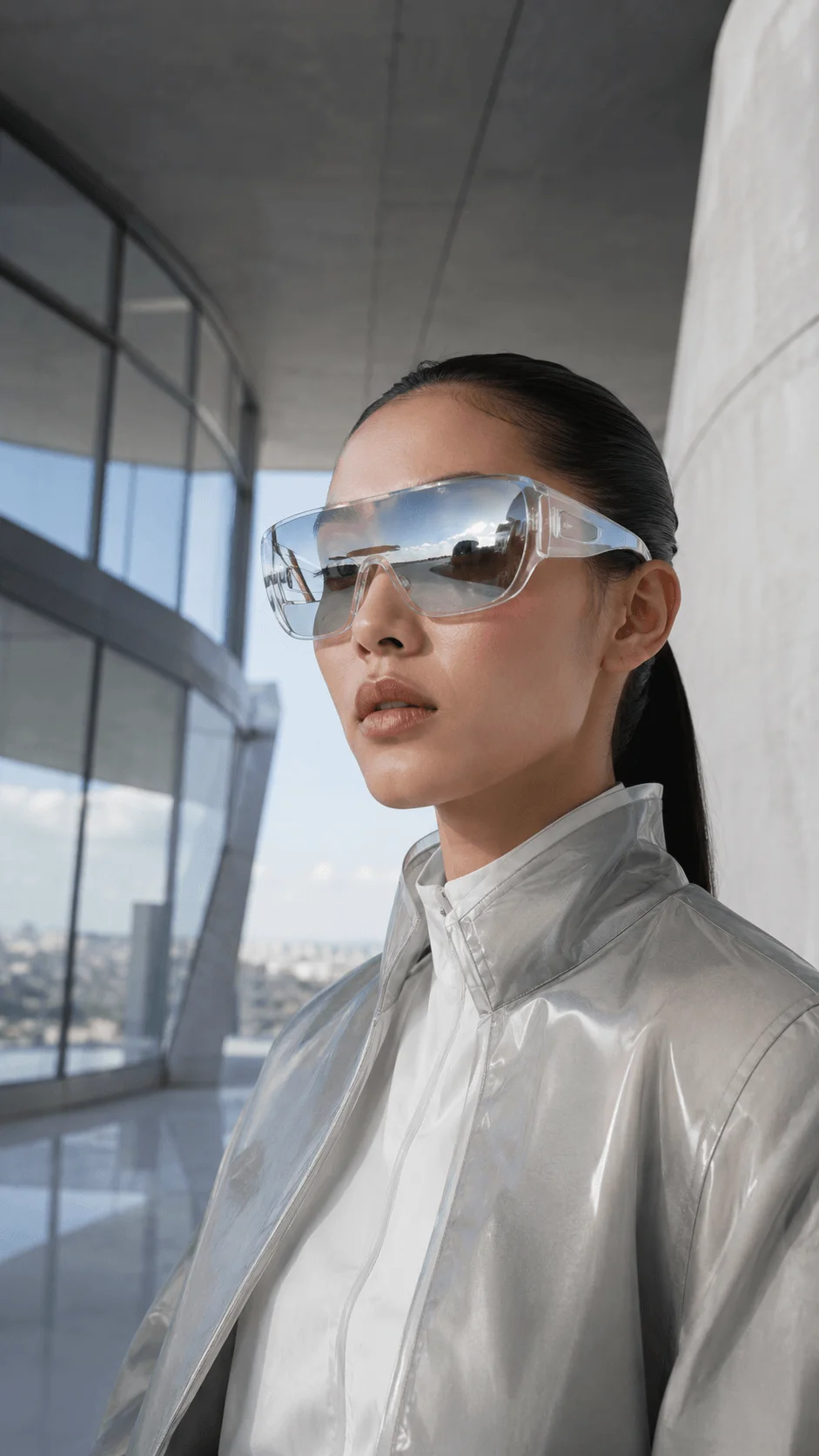 Futuristic sustainable eyewear worn by a woman in a modern glass building with a city view