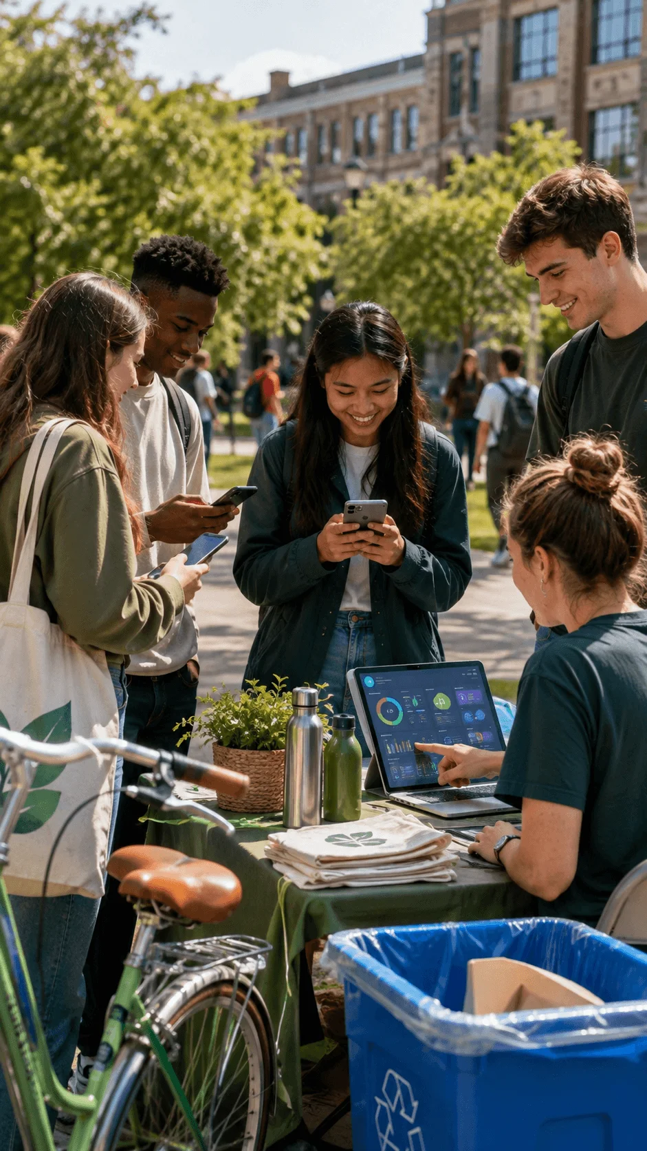College students participating in a gamified sustainability challenge using a digital dashboard reusable items recycling and eco friendly transportation