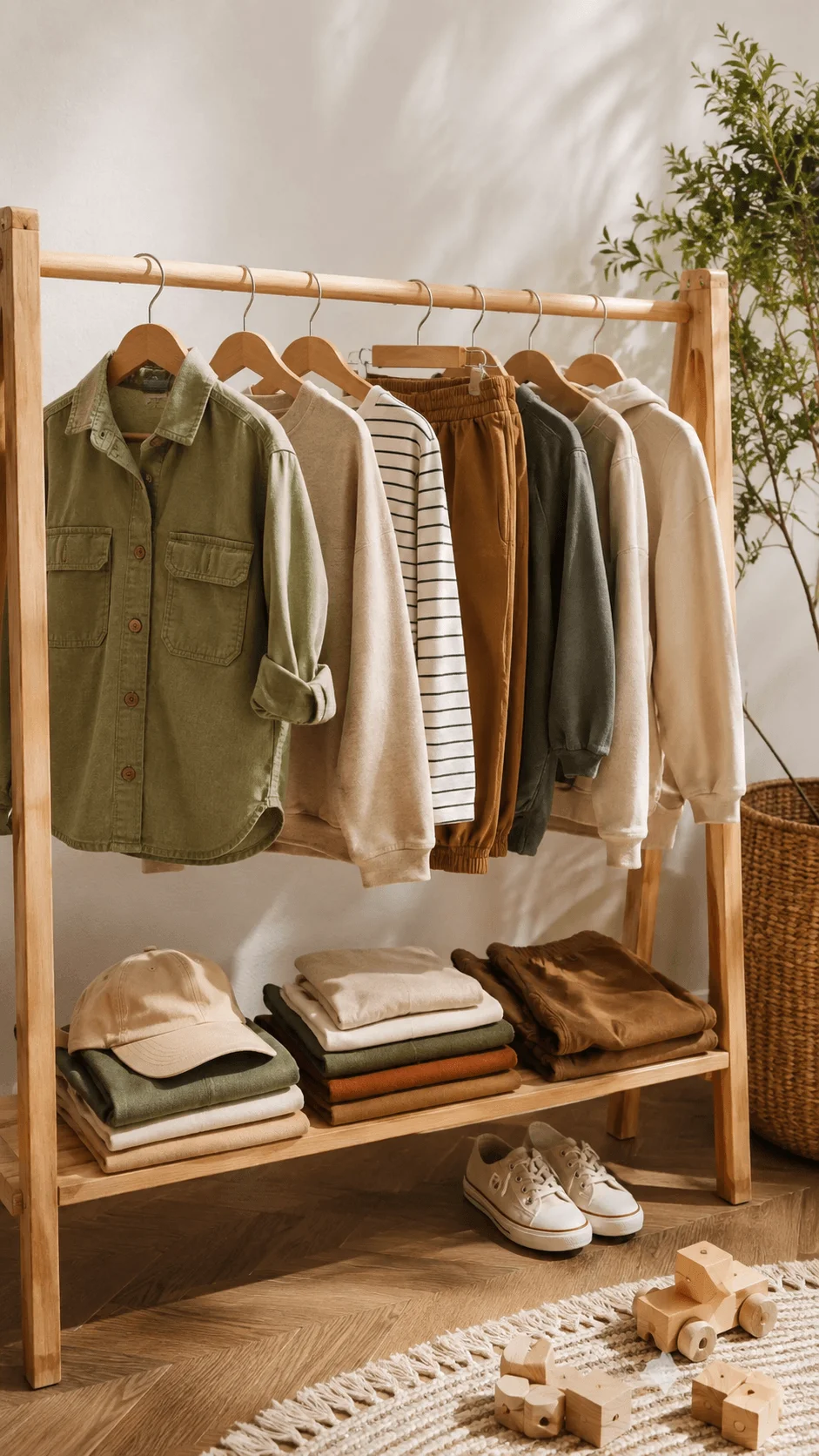 Gender neutral sustainable clothing collection for children displayed on a wooden rack with neutral toned shirts trousers caps sneakers and wooden toys