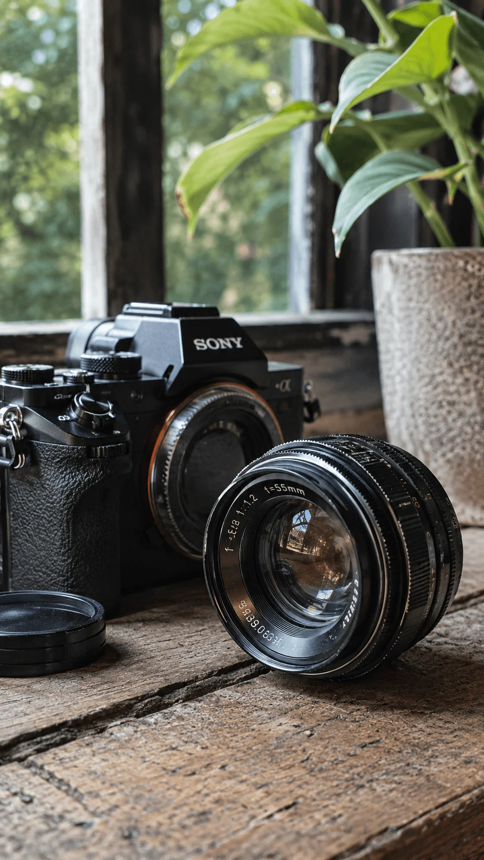 Vintage camera with a classic lens displayed on a wooden table beside a modern mirrorless camera and potted plant