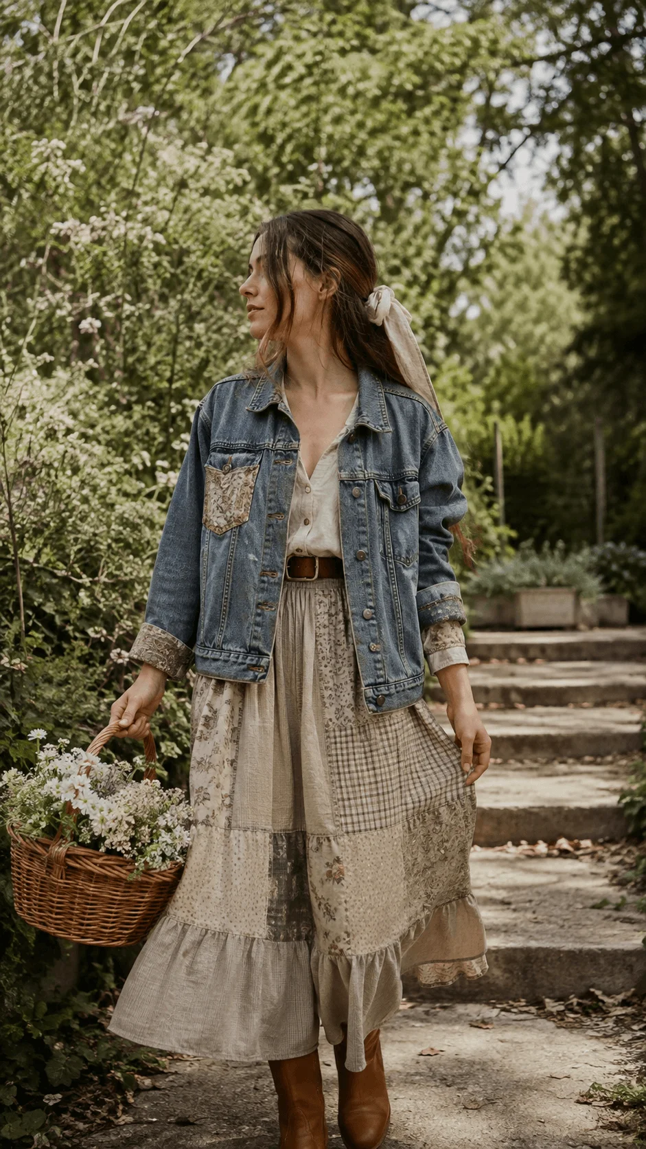Upcycled fashion photography featuring a person wearing vintage clothing with a denim jacket and patchwork dress while carrying a basket of flowers in a natural garden setting with earthy sustainable style
