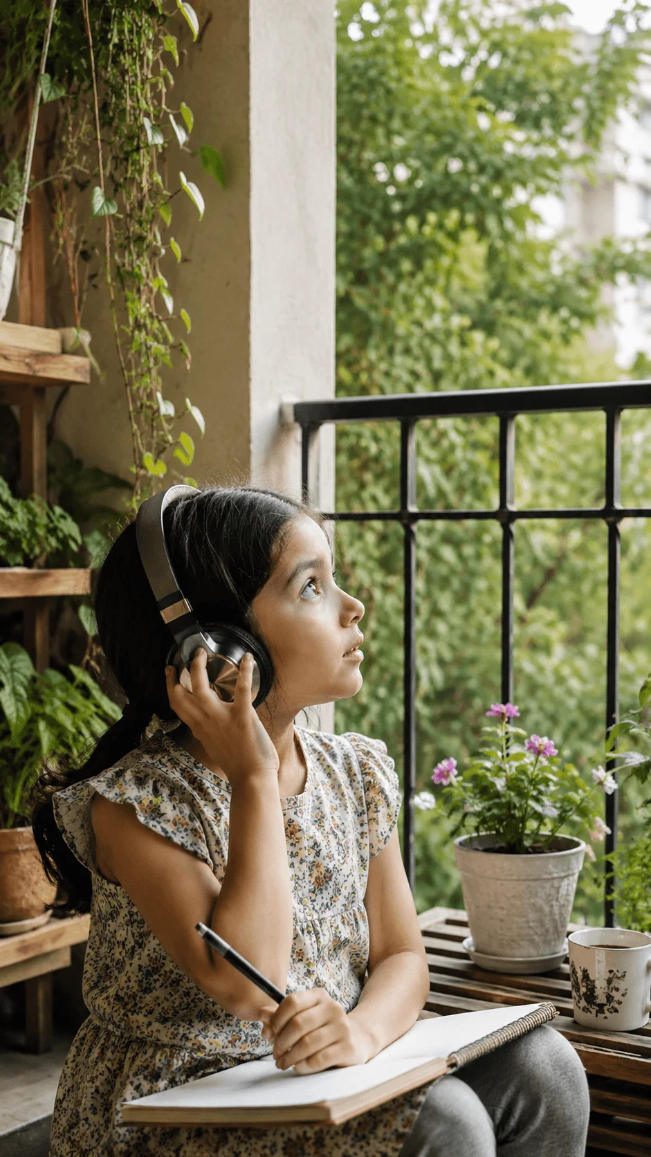 Girl listening to nature sounds and writing observations on a balcony surrounded by plants
