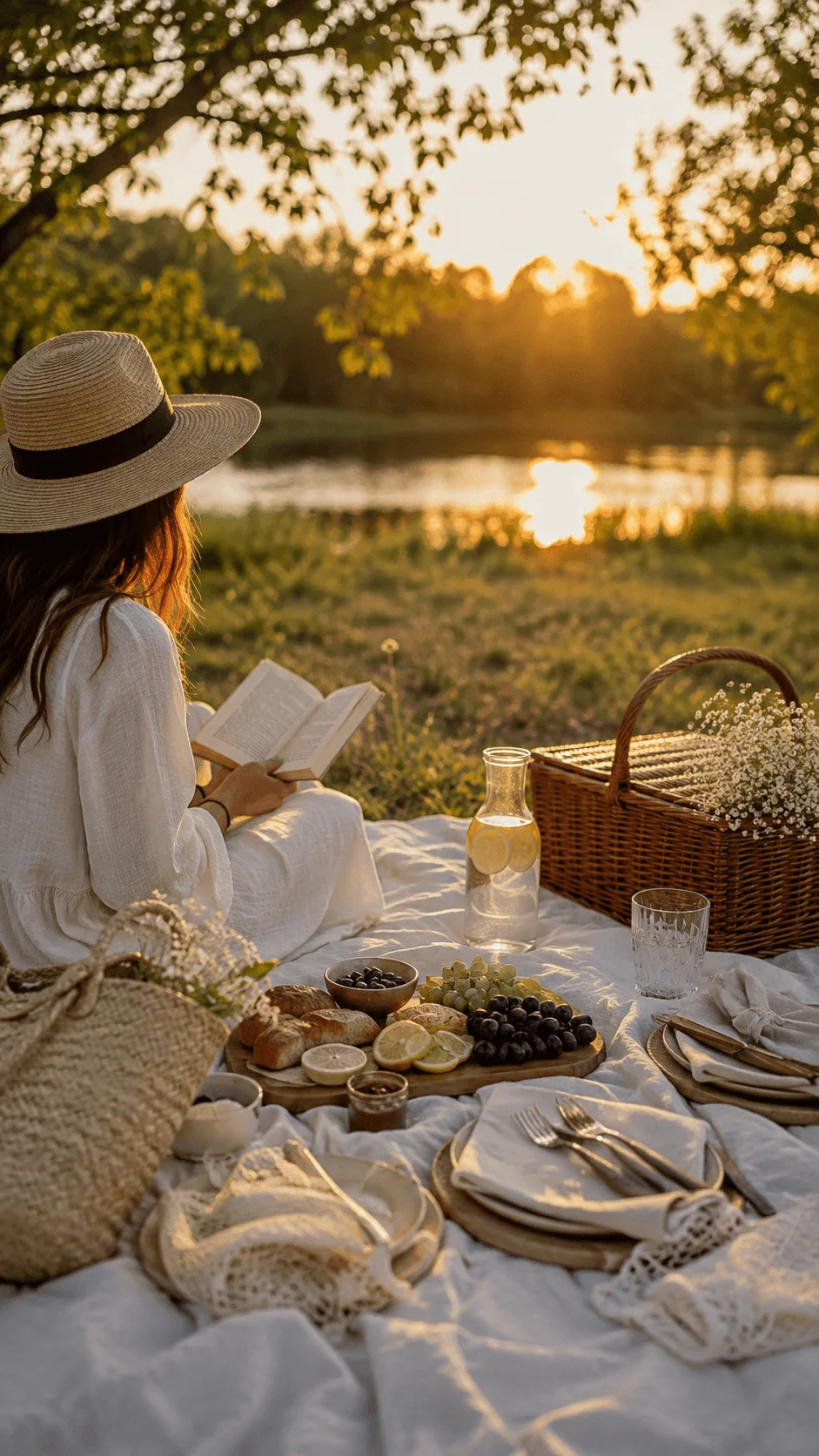 Golden hour picnic by the lake with a woman reading a book, fresh fruit, bread, reusable glassware, woven baskets, and sustainable picnic accessories.