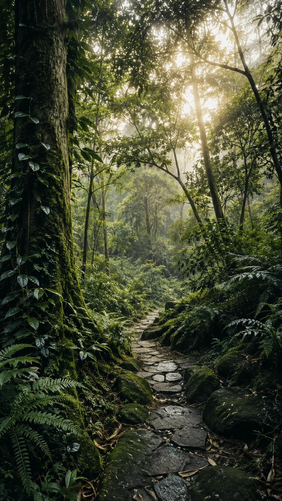 Green aesthetic photo captions featuring a lush forest pathway with moss covered trees ferns and soft sunlight filtering through dense green foliage
