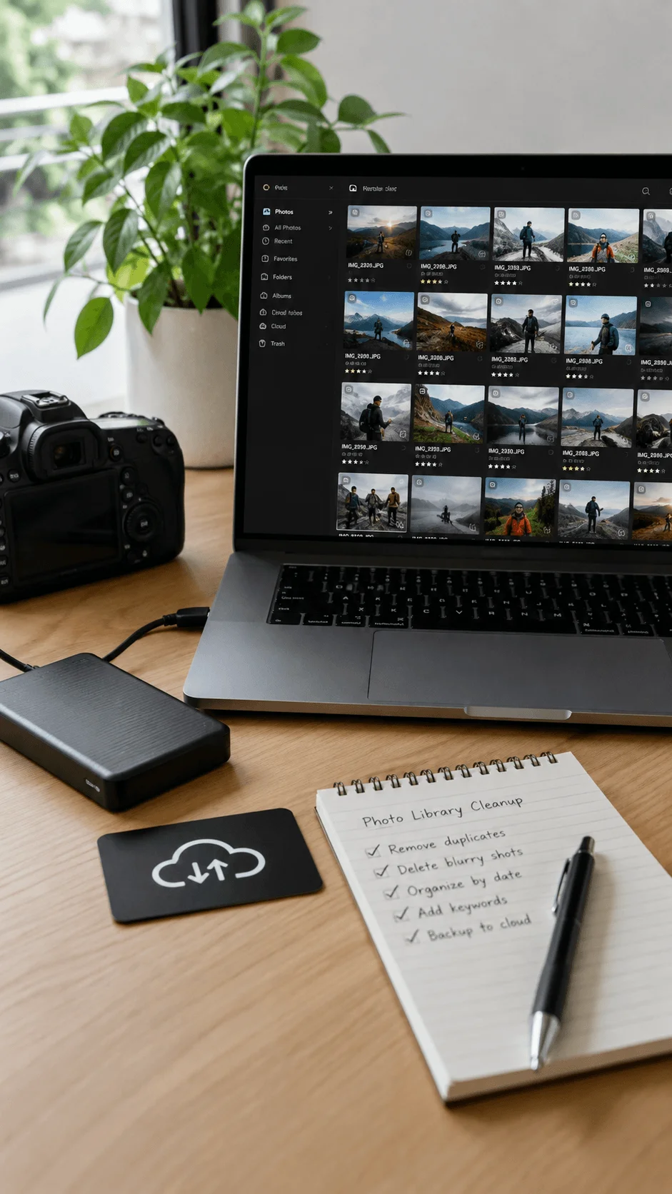 Green cloud storage and digital asset management workspace with laptop camera external drive and organized photo library
