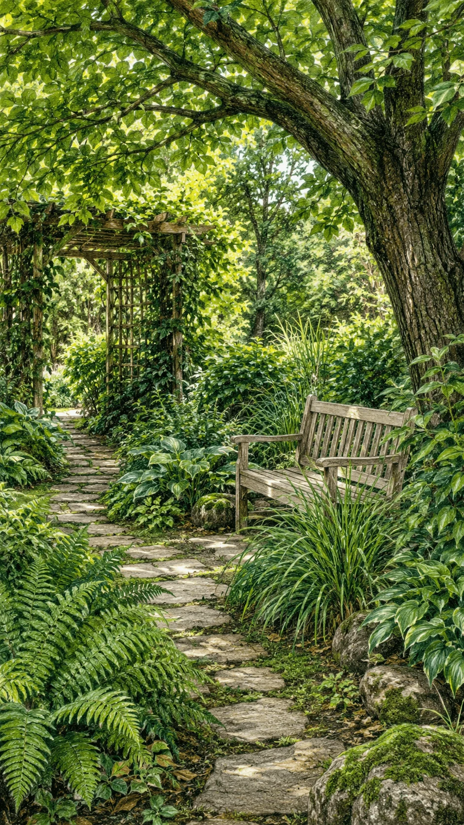 Green garden drawing with lush foliage, ferns, mature trees, stone pathway, climbing plants, rustic wooden arbor, mossy rocks and garden bench