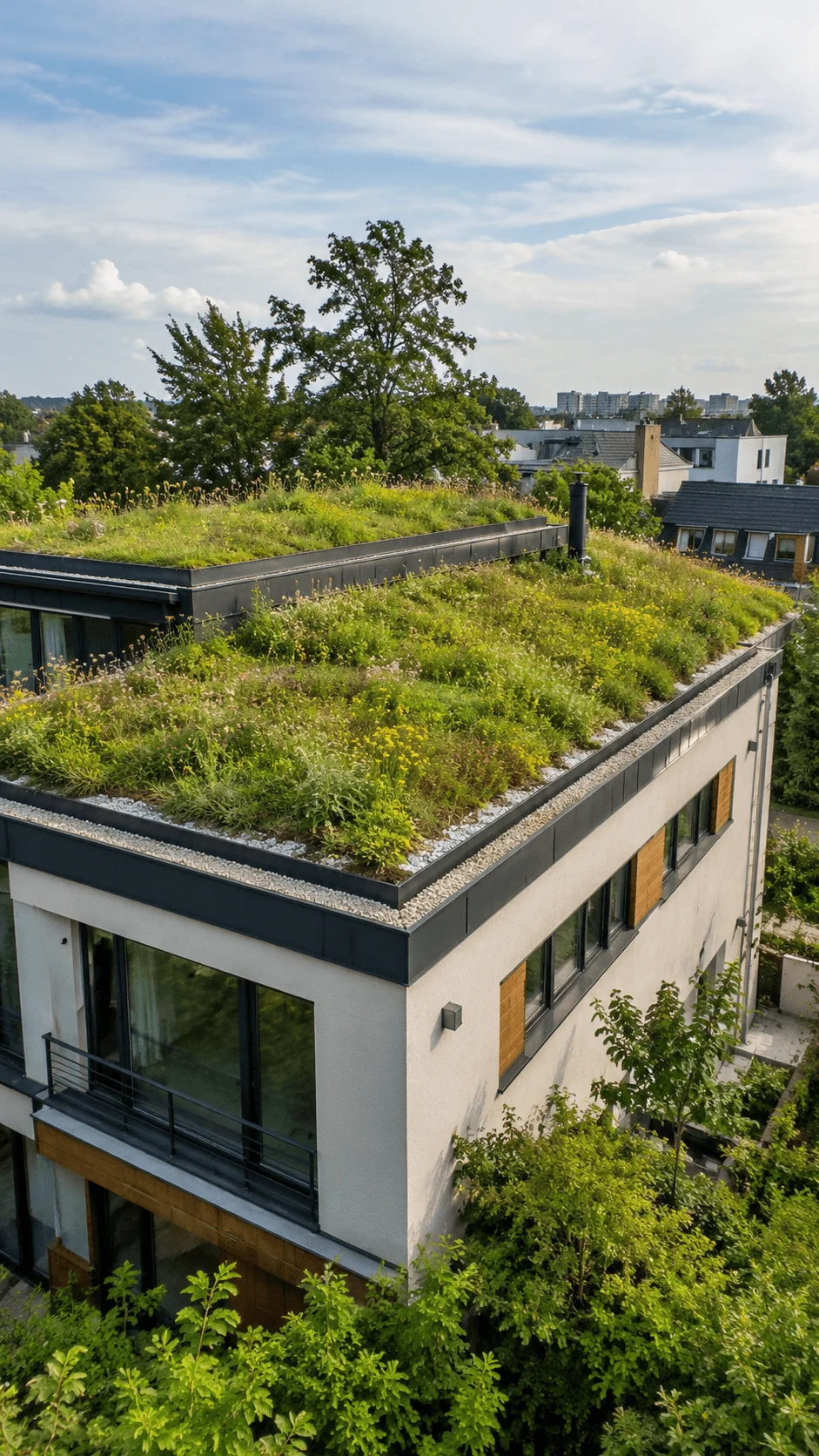 Green roof on a modern eco friendly house covered with grass native plants and vegetation for natural insulation and sustainability