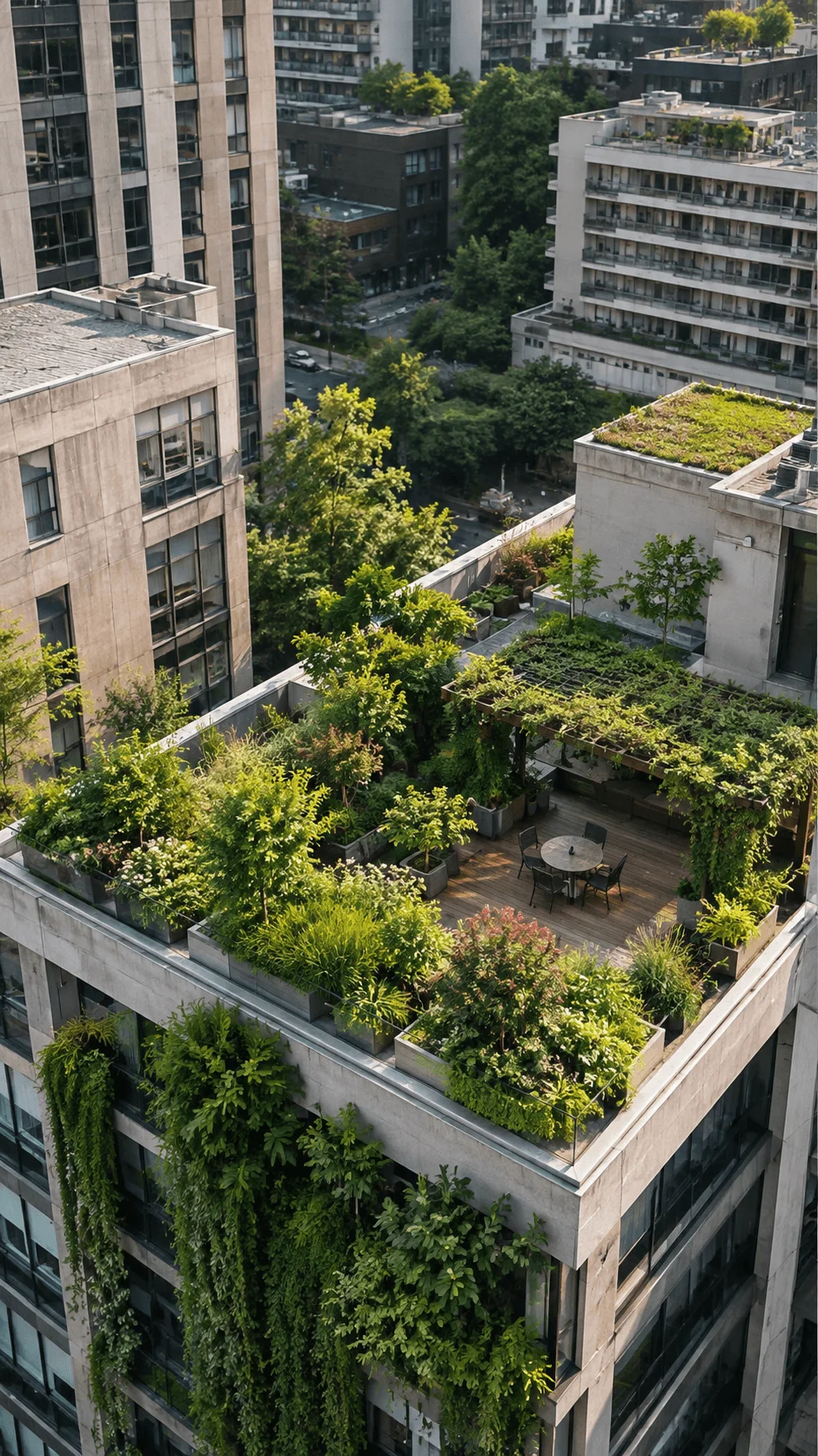 A lush rooftop garden with dense greenery, potted plants, and a wooden seating area surrounded by modern city buildings.