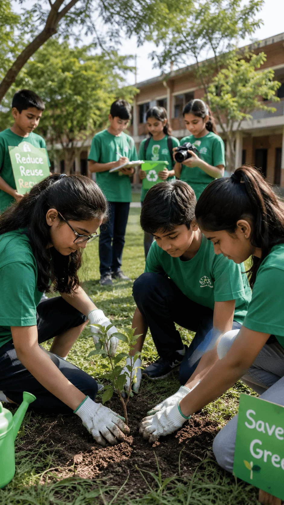 Students participating in a green summer eco club challenge by planting a young tree and promoting environmental awareness