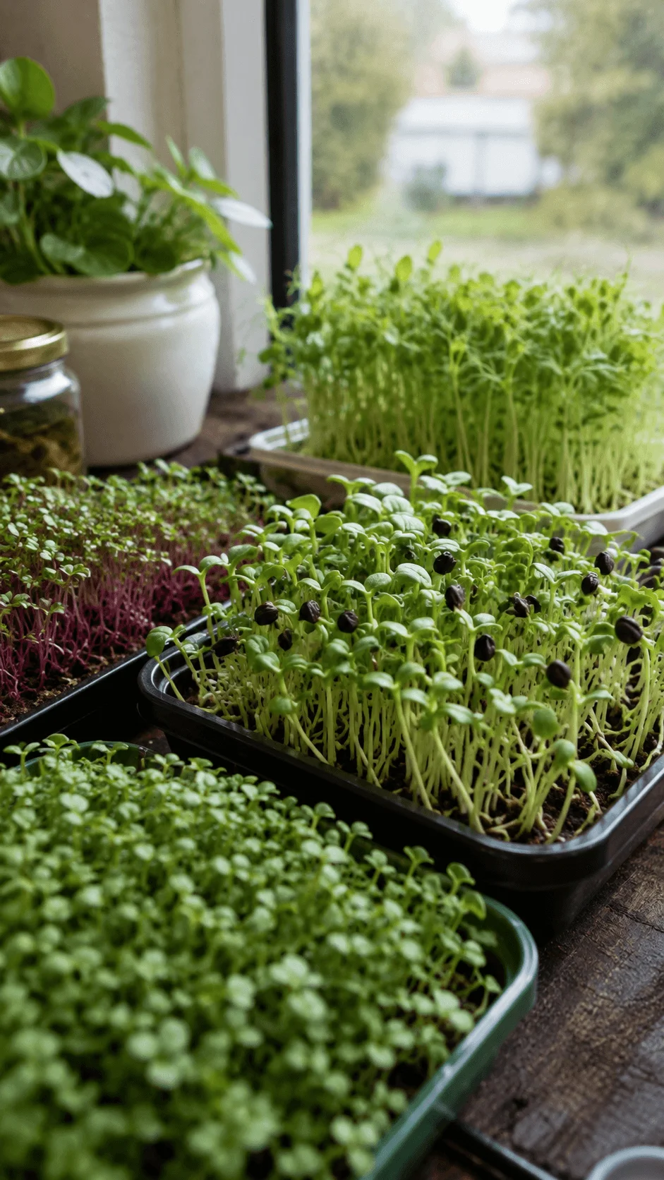 Microgreens growing in trays beside indoor plants near a sunny window as an eco friendly home activity