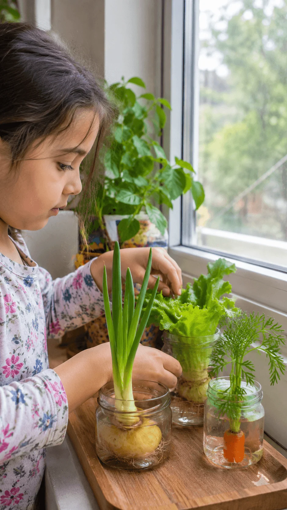 Child growing kitchen scraps into fresh green vegetables in jars on a sunny windowsill