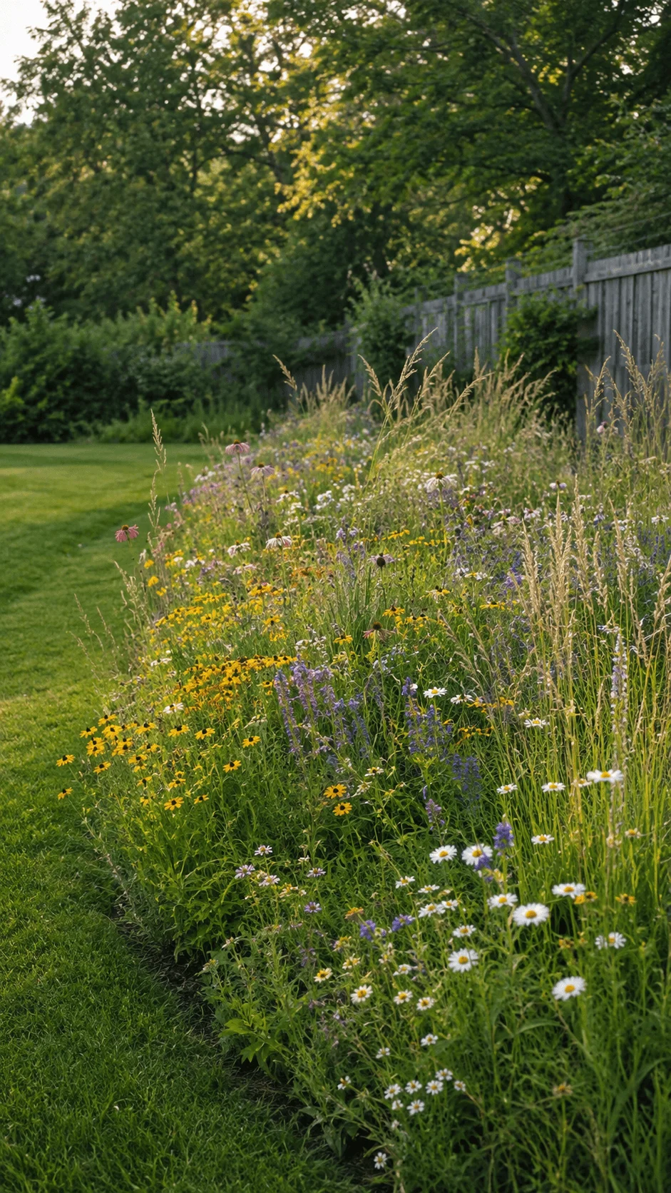 Mini meadow garden with colorful wildflowers, native grasses, daisies, coneflowers, and black eyed Susans growing along the edge of a green lawn