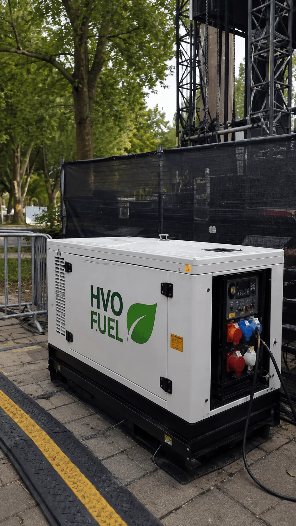 HVO powered event generator providing lower carbon electricity for an outdoor festival stage