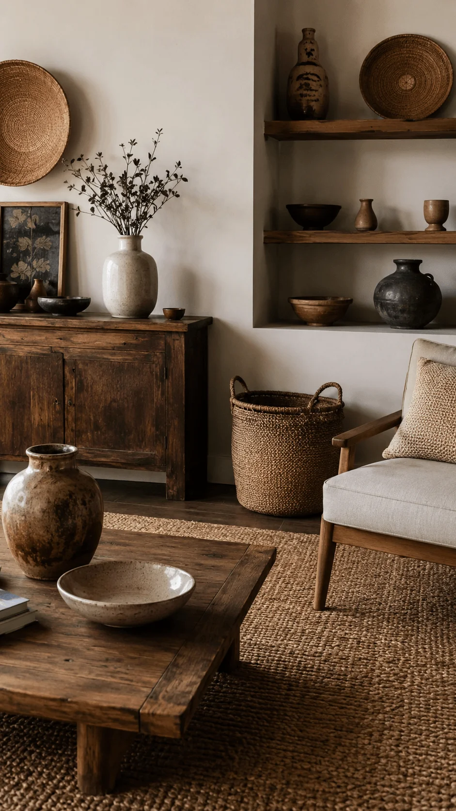 Handmade artisan decor with rustic wooden furniture, woven baskets, ceramic pottery, neutral textiles and natural materials in a sustainable interior setting