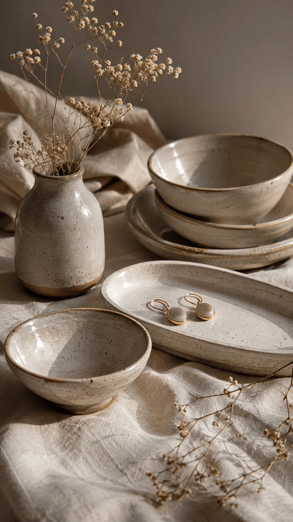 Handmade ceramic photography props with speckled bowls, plates, a vase of dried flowers, gold earrings, and textured linen fabric in warm natural light